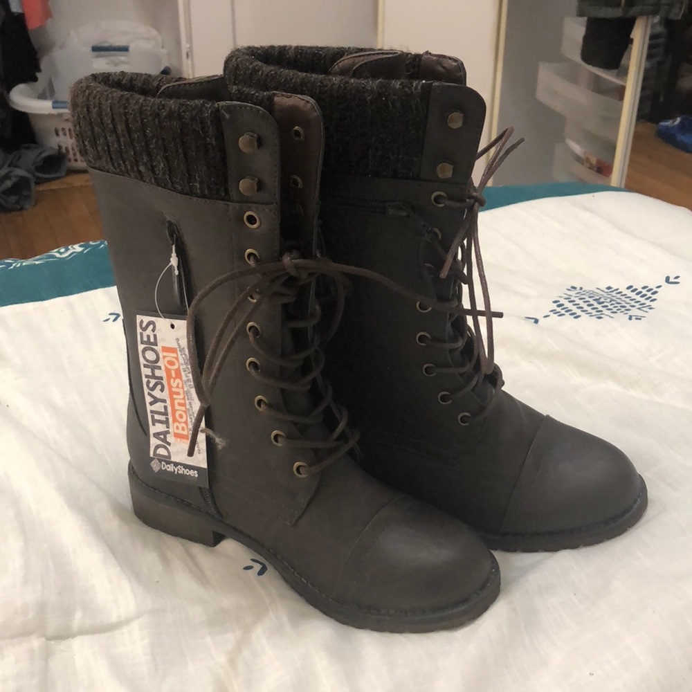 Brown combat boots, never worn